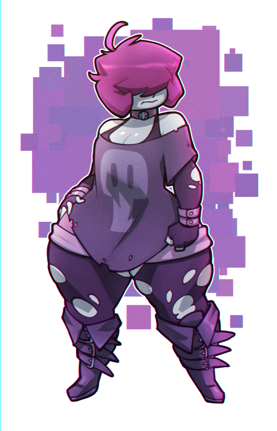 1girl bare_shoulders bigdad bra breasts cleavage closed_mouth collar covered_eyes fingerless_gloves fold-over_boots full_body gazlene_membrane gloves hair_over_eyes hand_on_own_hip invader_zim medium_breasts pantyhose pantyhose_under_shorts pink_hair purple_footwear purple_gloves purple_shirt shirt short_hair shorts simple_background skull_print solo standing thick_thighs thighs torn_clothes torn_pantyhose underwear wide_hips
