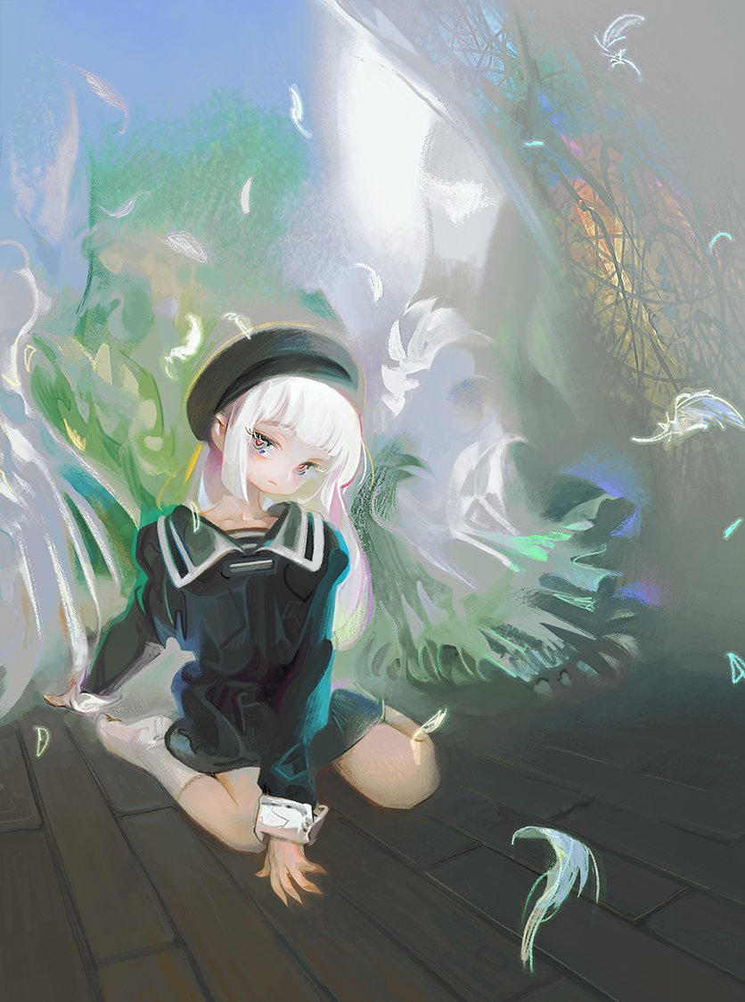 1girl abstract_background angel_wings arm_support beret black_hat black_serafuku black_skirt closed_mouth collarbone expressionless falling_feathers feathers full_body grey_eyes half-closed_eyes hat head_tilt long_hair looking_at_viewer no_neckwear on_floor original red_pupils school_uniform serafuku sidelocks sitting skirt sleeve_cuffs solo wariza white_hair wings wooden_floor yeono0