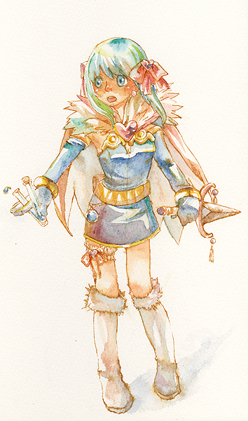 1girl alchemist_(ragnarok_online) aomisora blue_dress blue_gloves blush boots bow breasts brown_cape cape commentary_request corked_bottle dagger dress elbow_gloves full_body fur-trimmed_boots fur_collar fur_trim gloves green_eyes green_hair hair_bow holding holding_dagger holding_knife holding_weapon knife long_hair looking_afar open_mouth painting_(medium) ragnarok_online red_bow simple_background small_breasts solo standing strapless strapless_dress traditional_media vial watercolor_(medium) weapon white_background white_boots