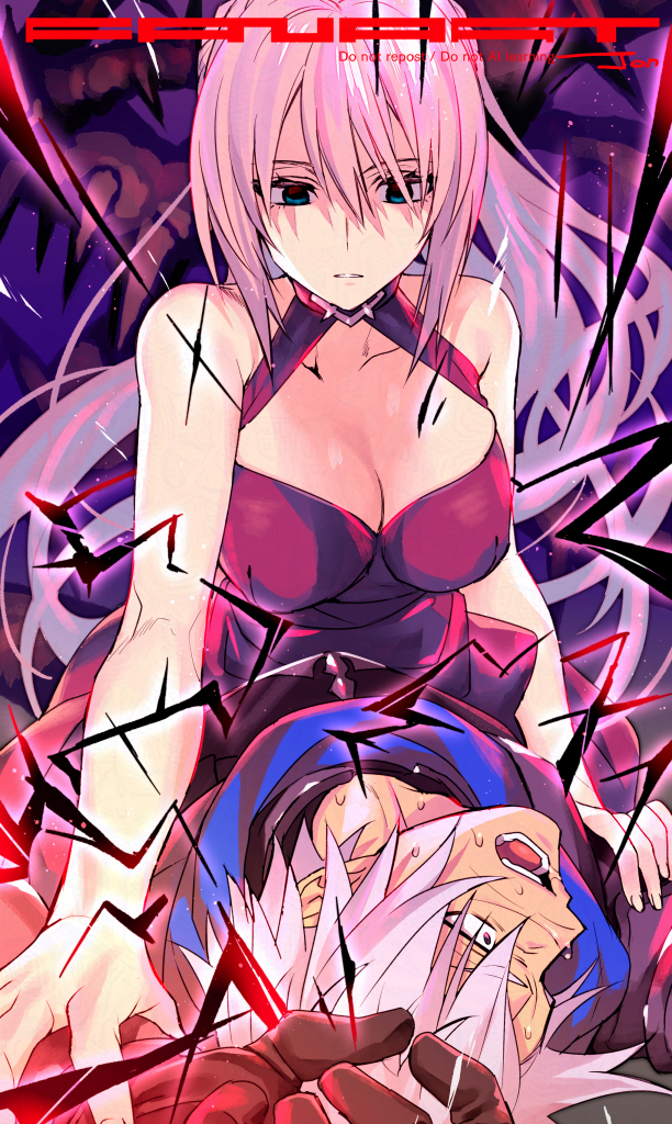 1boy 1girl alphen_(tales) bare_shoulders black_gloves blue_eyes breasts cleavage commentary_request dress electricity gloves hair_between_eyes large_breasts long_hair lying on_back open_mouth parted_lips pink_hair ponytail red_dress sagami_jon shaded_face shionne_(tales) signature sleeveless sleeveless_dress straddling sweat tales_of_(series) tales_of_arise very_long_hair white_hair