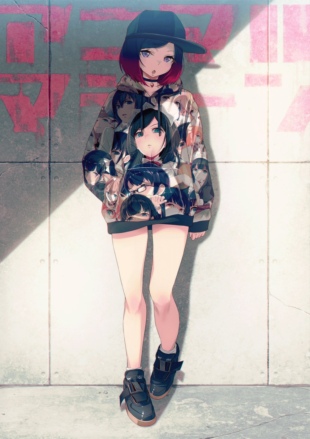 &gt;:( 1girl 40hara animal_ears ankle_socks baseball_cap black_hair blue_eyes brown_hair buckle character_print choker collar concrete disgust drawstring expressionless female_focus frown glasses gradient_hair grimace hair_ornament hand_in_pocket hat highres hood hoodie jewelry knees legs long_legs looking_back maid maid_headdress multicolored_hair necklace no_pants open_mouth orange_eyes orange_hair original print_hoodie purple_eyes raised_eyebrows red_hair shade shadow shoes side_part socks solo