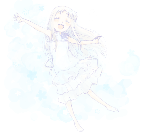 1girl :d ano_hi_mita_hana_no_namae_wo_bokutachi_wa_mada_shiranai. bad_drawr_id bad_id bare_arms bare_legs barefoot blue_background closed_eyes dress facing_viewer floating frilled_dress frills full_body honma_meiko long_hair neck_ribbon oekaki open_mouth outstretched_arms purple_ribbon ribbon sidelocks smile solo teeth upper_teeth_only white_background white_dress white_hair yuu_(drawr)