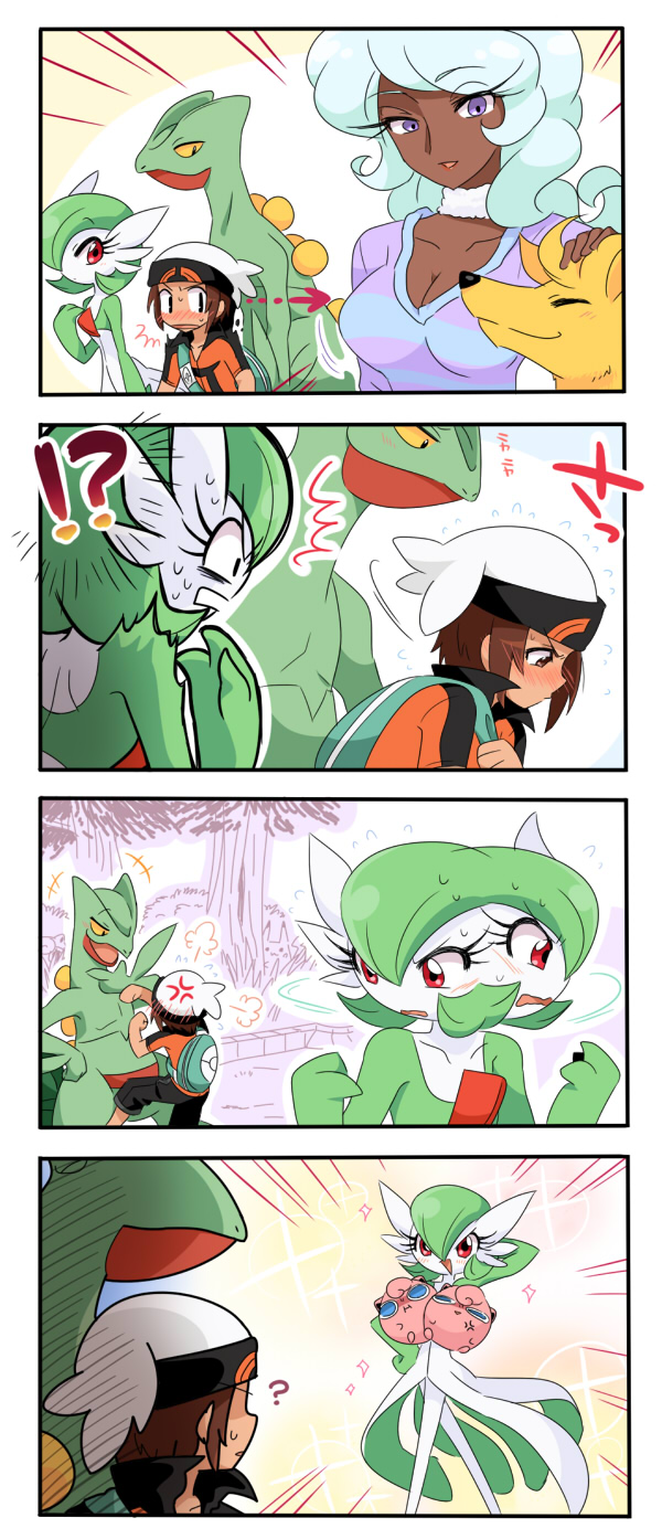 !? +++ 10s 1boy 1girl 4koma ? ^^^ anger_vein bano_akira blue_hair blush breast_envy breasts brendan_(pokemon) brendan_(pokemon_oras) brown_hair cleavage comic dark_skin envy eyelashes gardevoir gen_1_pokemon gen_3_pokemon gradient_background headpat heart highres jealous jigglypuff looking_at_breasts medium_breasts ninetales nintendo open_mouth pikachu pokemon pokemon_(creature) pokemon_oras purple_eyes sceptile short_hair short_sleeves silent_comic simple_background smile