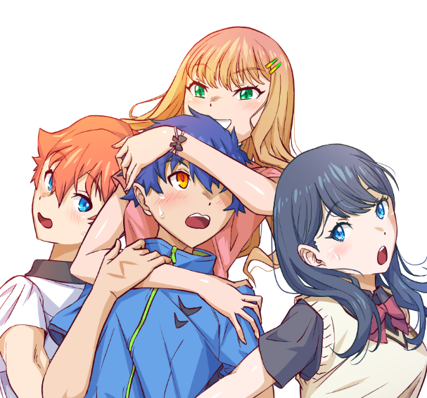 2boys 2girls asanaka_yomogi black_hair blue_eyes blue_hair blush bow bowtie breasts brown_hair collared_shirt couple green_eyes gridman_universe gridman_universe_(movie) hair_ornament hairclip hetero hibiki_yuuta jacket kuroda_asaki long_hair minami_yume multiple_boys multiple_girls necktie red_bow red_hair scar school_uniform shirt short_hair short_sleeves simple_background smile takarada_rikka upper_body white_shirt wing_collar yellow_eyes