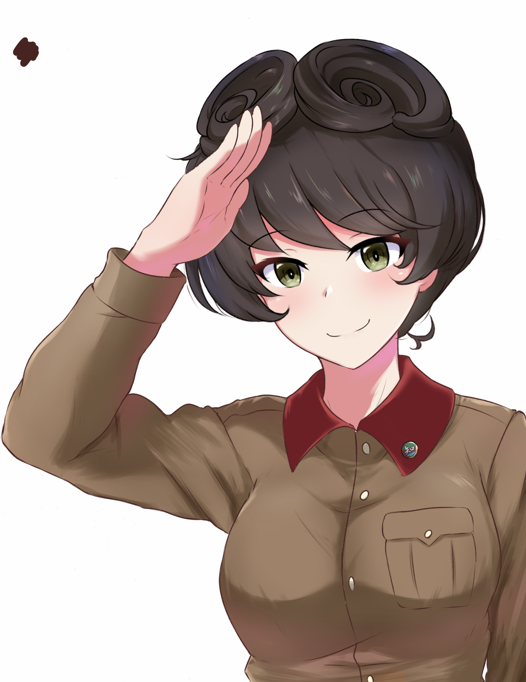 1girl amogan brown_hair brown_jacket chi-hatan_military_uniform commentary commission girls_und_panzer green_eyes hair_rings highres hosomi_shizuko jacket long_sleeves pixiv_commission salute short_hair simple_background smile solo upper_body white_background