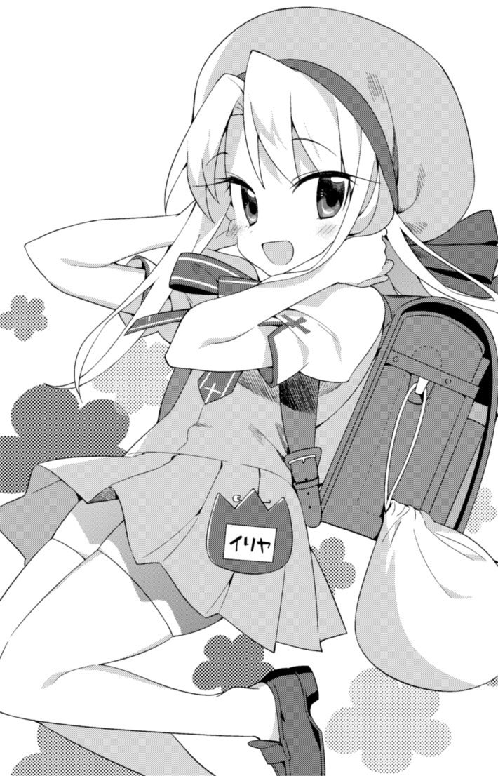 1girl :d arms_up backpack bag blush fate/kaleid_liner_prisma_illya fate_(series) floating greyscale hanabana_tsubomi hat homurabara_academy_school_uniform illyasviel_von_einzbern loafers long_hair looking_at_viewer monochrome open_mouth randoseru school_uniform shoes short_sleeves simple_background skirt smile solo thighhighs vest