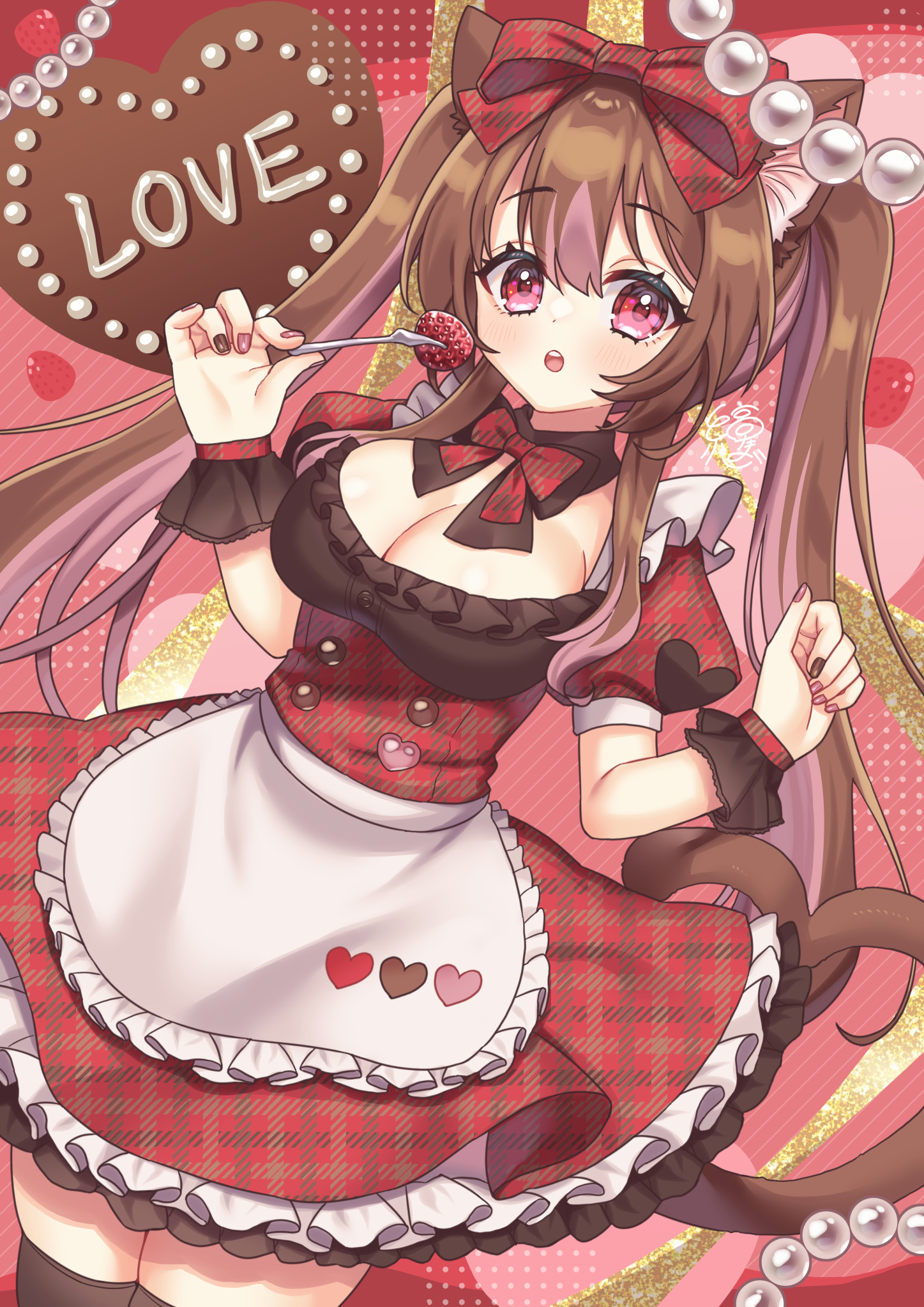 1girl animal_ears applying_manicure apron bow bowtie breasts brown_collar brown_hair brown_nails brown_thighhighs cat_ears collar colored_inner_hair commentary detached_collar dress food fork frilled_apron frilled_dress frills fruit hair_between_eyes hair_bow highres holding holding_fork long_hair looking_at_viewer maid multicolored_hair multicolored_nails nail_polish original pink_eyes pink_hair pink_nails plaid_bow plaid_bowtie plaid_clothes plaid_dress puffy_short_sleeves puffy_sleeves red_bow red_bowtie shimatamago short_sleeves solo strawberry symbol-only_commentary thighhighs twintails two-tone_hair valentine waist_apron white_apron