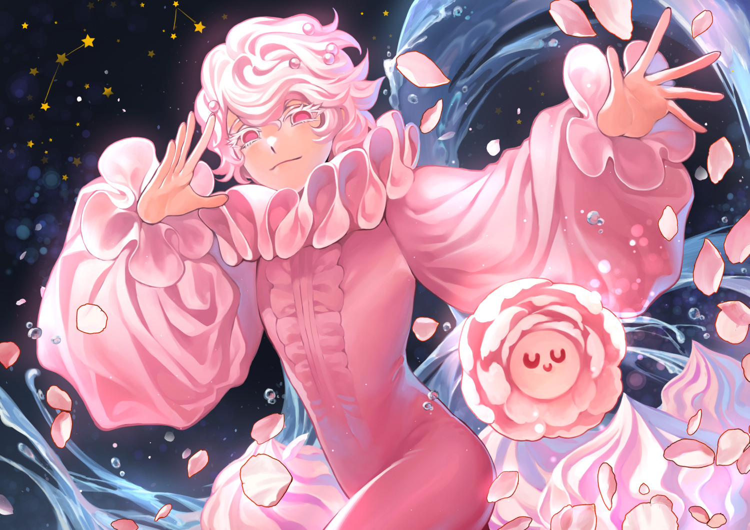 1boy bishounen black_background bubble closed_mouth colored_eyelashes constellation cookie_run cookie_run:_ovenbreak cowboy_shot cowlick eyelashes falling_flower falling_petals flipped_hair flipped_sidelocks flower_with_face gradient_background hands_up humanization light_smile male_focus multicolored_hair neck_ruff no_pupils no_sclera open_hands outstretched_arm petals pink_eyes pink_hair pink_petals pink_unitard short_hair solo star_(symbol) star_symbol_background swept_bangs two-tone_hair ultracat water waves wavy_hair whipped_cream_cookie white_eyelashes white_hair