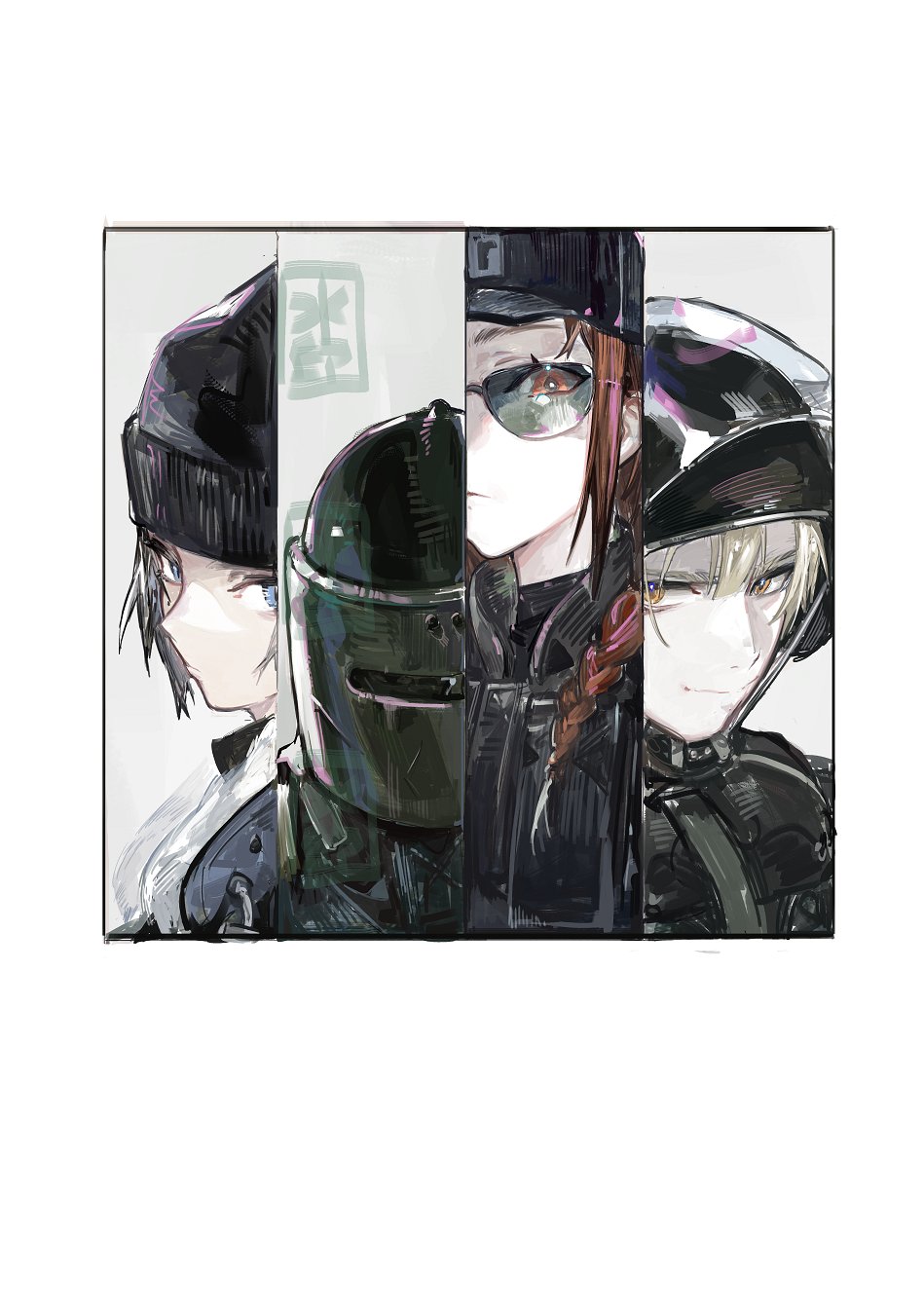 2boys 2girls arknights ash_(rainbow_six_siege) ballistic_face_mask ballistic_face_shield ballistic_helmet baseball_cap beanie black_headwear black_jacket blitz_(rainbow_six_siege) blue_eyes braid chinese_commentary closed_mouth commentary_request expressionless eyes_visible_through_eyewear frost_(rainbow_six_siege) grey_hair hat helmet highres jacket looking_at_viewer maska multiple_boys multiple_girls orange_eyes pipidan portrait rainbow_six_siege short_hair simple_background smile sunglasses tachanka_(rainbow_six_siege) twin_braids visor visor_(armor) welding_mask white_background