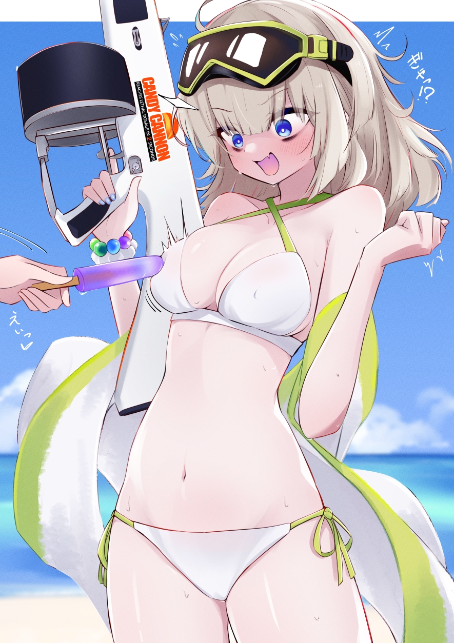1girl 1other :d aa-12 aa-12_(girls&#039;_frontline) aa-12_(the_sun_never_rises)_(girls&#039;_frontline) automatic_shotgun bags_under_eyes beach bikini black_eyeshadow blonde_hair blue_eyes blue_nails bracelet breasts cleavage clenched_hands combat_shotgun commentary_request covered_erect_nipples day diving_mask diving_mask_on_head drum_magazine embarrassed eyeshadow facing_viewer food food_on_body food_on_breasts girls&#039;_frontline goggles goggles_on_head groin gun hands_up high-capacity_magazine highres holding holding_gun holding_weapon jewelry long_hair looking_down magazine_(weapon) makeup medium_breasts messy_hair multicolored_hair nail_polish navel ocean ohichi16 open_mouth outdoors pearl_bracelet popsicle red_hair shotgun side-tie_bikini_bottom smile solo_focus stomach streaked_hair surprised swimsuit thighs towel_on_arm two-tone_hair weapon white_bikini wide-eyed