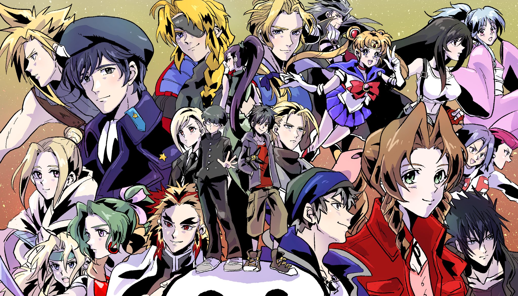 :d aerith_gainsborough aria_(pokemon_anime) bartholomew_fatima bishoujo_senshi_sailor_moon black_hair black_hat black_jacket black_pants black_suit blonde_hair blue_hair blue_sailor_collar blue_skirt botan_(yu_yu_hakusho) bow breasts brown_hair celes_chere character_request closed_mouth cloud_strife commentary_request copyright_request creatures_(company) crop_top crossover double_bun dragon_quest dragon_quest_xi elbow_gloves elena_(ff7) eyepatch final_fantasy final_fantasy_vi final_fantasy_vii formal_clothes gakuran game_freak ginga_eiyuu_densetsu gloves green_hair hair_bun hat highres jacket james_(pokemon) japanese_clothes jessie_(pokemon) kageyama_shigeo kimetsu_no_yaiba kimono long_hair long_sleeves looking_at_viewer magical_girl martina_(dq11) miniskirt mob_psycho_100 motsutei multiple_boys multiple_crossover multiple_girls necktie nintendo open_mouth pants pink_kimono pleated_skirt pokemon pokemon_(anime) ponytail purple_eyes purple_hair red_bow red_hair rengoku_kyoujurou rufus_shinra sailor_collar sailor_moon sailor_senshi_uniform school_uniform shirt short_hair single_hair_bun skirt smile spiked_hair suit tank_top team_rocket team_rocket_uniform tifa_lockhart tina_branford tseng tsukino_usagi twintails w white_gloves white_jacket white_shirt white_tank_top xenogears yuu_yuu_hakusho