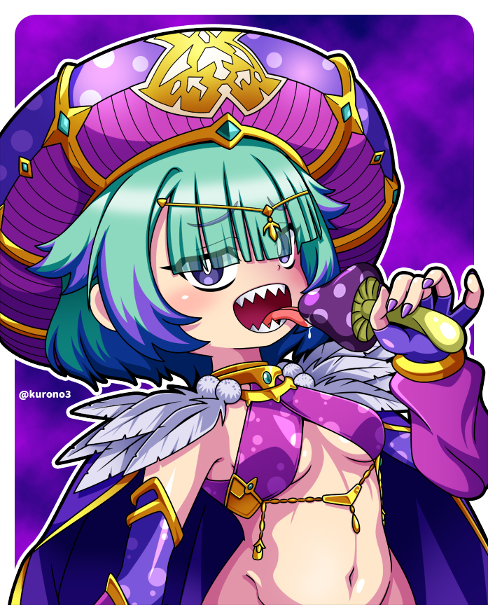 1girl blunt_bangs blush breasts bright_pupils cloak eyes_visible_through_hair fate/grand_order fate_(series) feathered_cloak fingerless_gloves gloves green_hair hat holding holding_mushroom kurono licking locusta_(fate) locusta_(third_ascension)_(fate) looking_at_viewer multicolored_hair mushroom navel open_mouth phallic_symbol purple_cloak purple_eyes purple_gloves purple_hair purple_nails saliva sharp_teeth short_hair small_breasts solo teeth twitter_username two-tone_hair underboob white_pupils