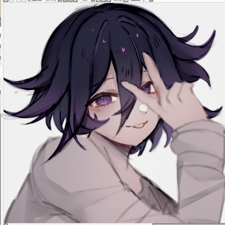 1boy :p black_hair danganronpa_(series) danganronpa_v3:_killing_harmony flipped_hair grey_jacket hair_between_eyes jacket male_focus medium_hair no_neckwear oma_kokichi purple_eyes simaenaga_v3 smile solo tongue tongue_out unfinished upper_body v
