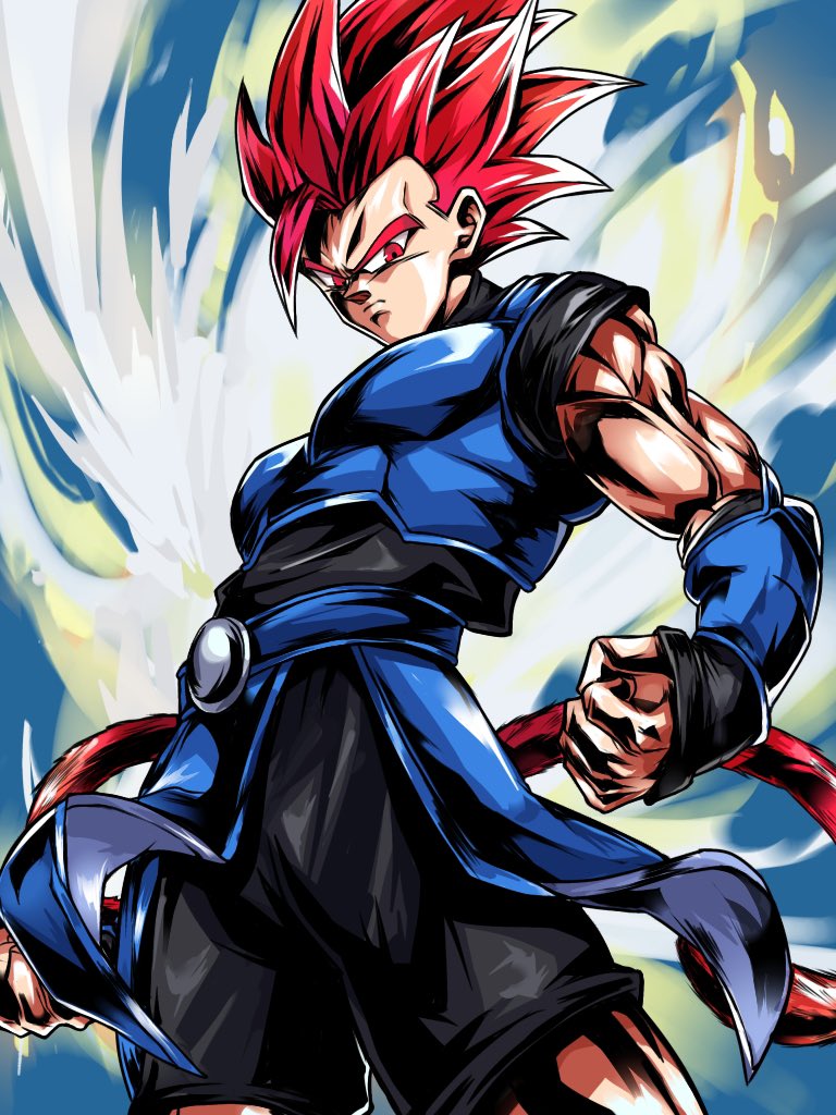 1boy armor black_shorts blue_armor bn_241 bracer clenched_hand closed_mouth covered_pectorals dragon_ball dragon_ball_legends floating_clothes from_below frown looking_down male_focus monkey_boy monkey_tail muscular muscular_male pectorals red_eyes red_hair red_tail saiyan saiyan_armor shallot_(dragon_ball) short_hair shorts single_bang solo spiked_hair super_saiyan super_saiyan_god tail