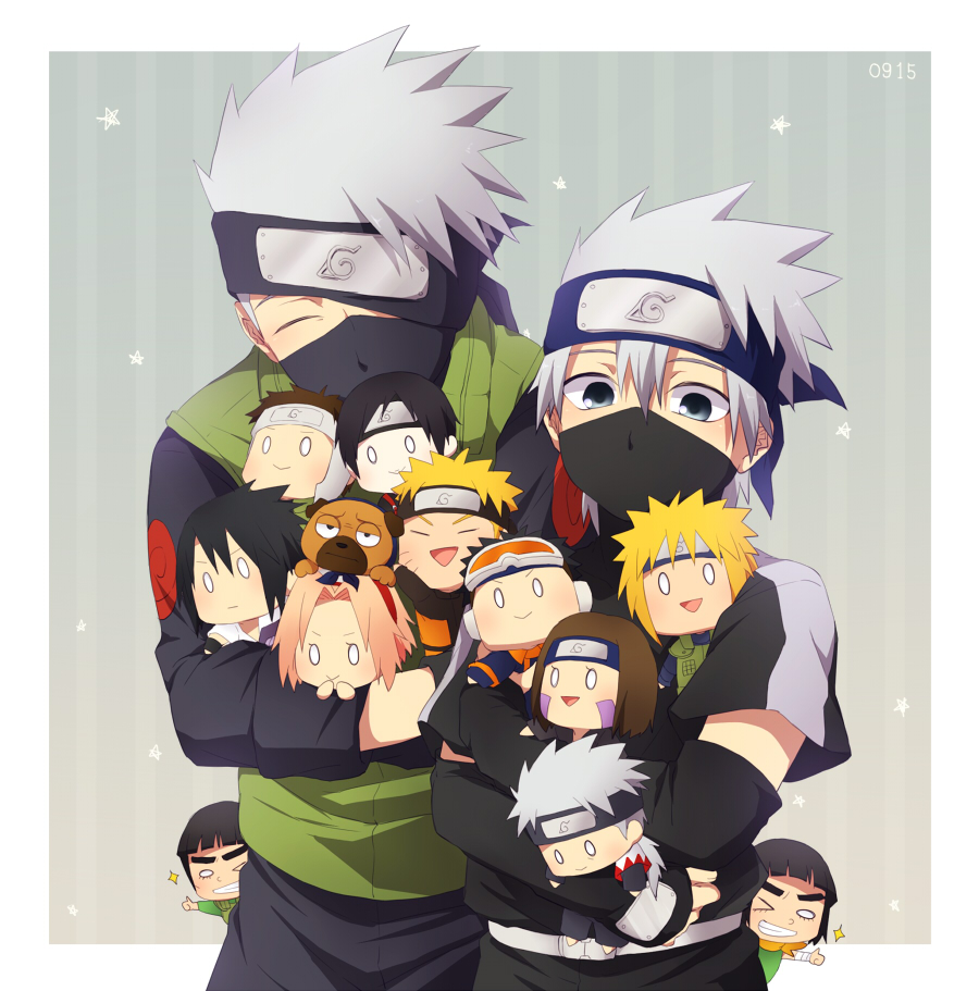 2girls 6+boys aged_down carrying chibi child closed_eyes dated dog dual_persona fingerless_gloves forehead_protector gloves grey_background hair_between_eyes half_mask haruno_sakura hatake_kakashi hatake_sakumo mask might_guy mouth_mask multiple_boys multiple_girls namikaze_minato naruto_(classic) naruto_(series) naruto_shippuuden ninja_mask nohara_rin one_eye_covered outside_border pakkun_(naruto) sai_(naruto) simple_background spiked_hair standing star_(symbol) star_symbol_background takaichi_(as121) thumbs_up time_paradox uchiha_obito uchiha_sasuke uzumaki_naruto yamato_(naruto)