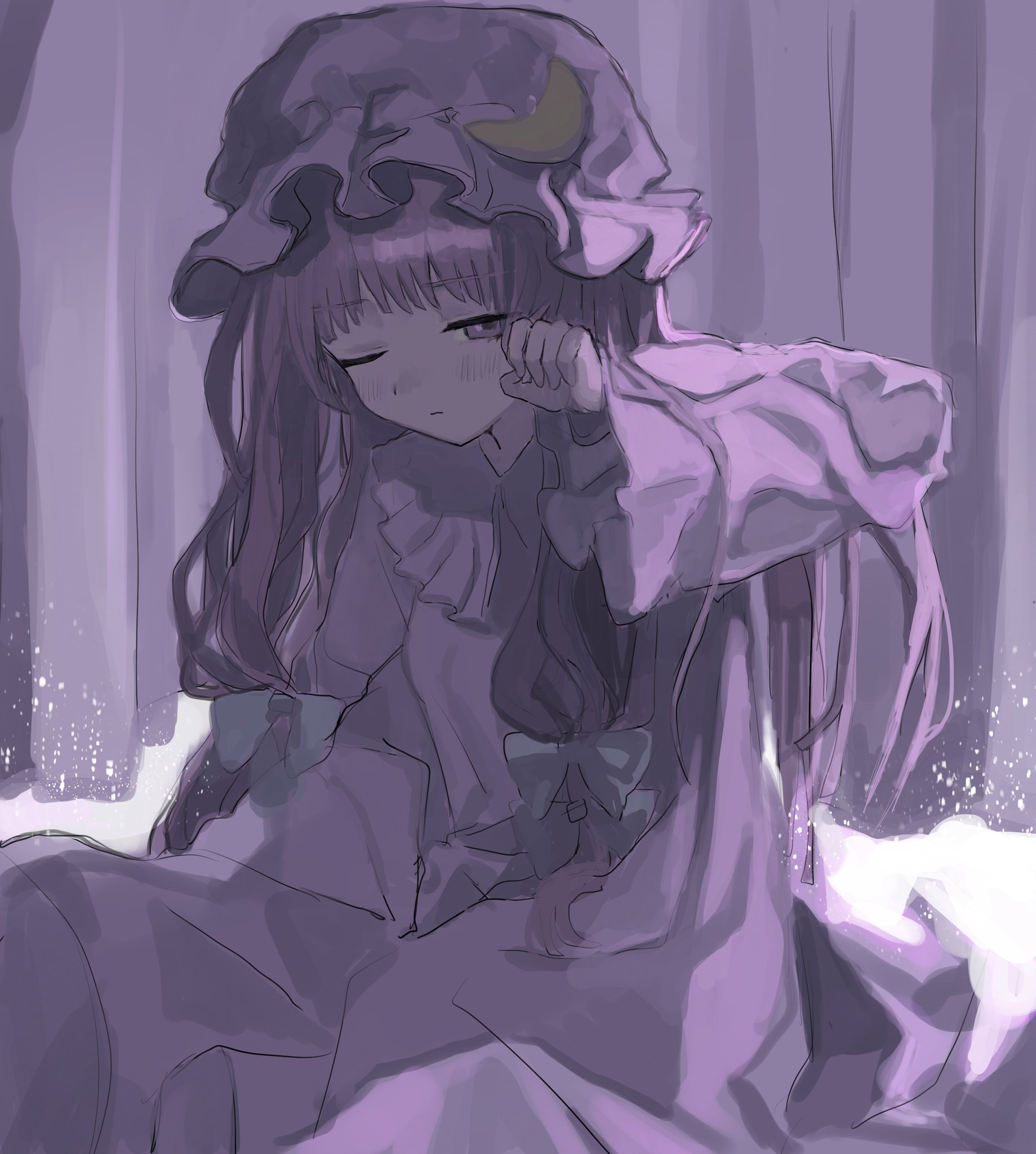 1984_(cw1000110) 1girl bow crescent crescent_hat_ornament curtains dress frilled_shirt_collar frills hair_bow hat hat_ornament highres long_hair long_sleeves mob_cap one_eye_closed patchouli_knowledge purple_eyes purple_hair purple_theme rubbing_eyes solo touhou