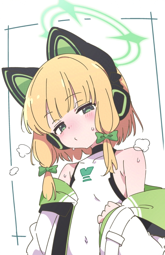 1girl animal_ear_headphones animal_ears bare_shoulders blue_archive blush bow cat_ear_headphones closed_mouth commentary fake_animal_ears green_bow green_eyes green_halo hair_bow halo headphones ixy jacket long_sleeves looking_at_viewer midori_(blue_archive) open_clothes open_jacket shirt simple_background sleeveless sleeveless_shirt solo sweat upper_body white_background white_jacket white_shirt