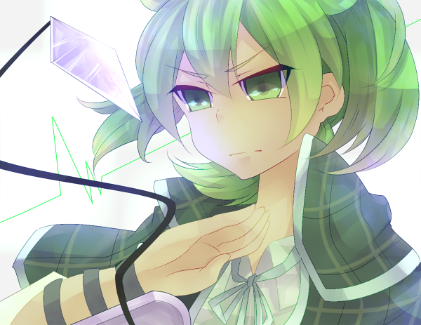 1boy bad_id bad_pixiv_id cosplay fei_rune green_eyes green_hair inazuma_eleven_(series) inazuma_eleven_go inazuma_eleven_go_chrono_stone lyserg_diethel lyserg_diethel_(cosplay) male_focus matching_hair/eyes portrait sakurapain6918 shaman_king solo upper_body