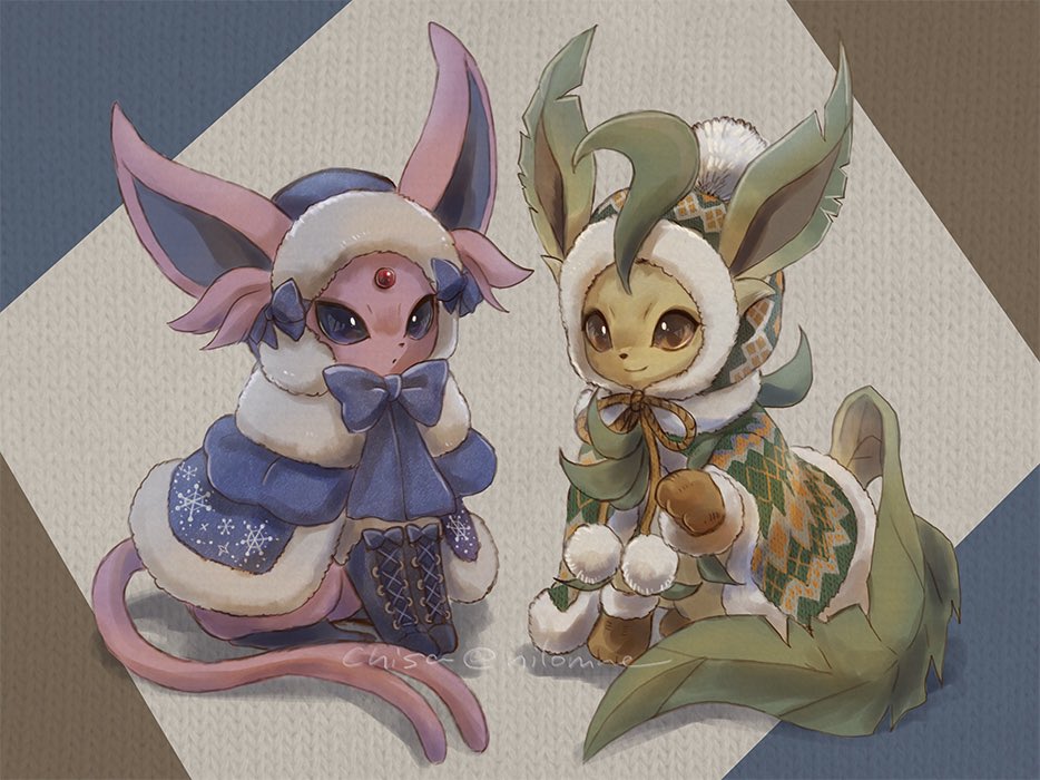 animal_focus boots bow brown_eyes closed_mouth espeon forehead_jewel forked_tail gen_2_pokemon gen_4_pokemon hat leafeon looking_at_viewer momomo12 nintendo no_humans pokemon pokemon_(creature) purple_eyes ribbon sitting smile tail winter_clothes