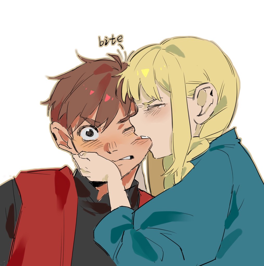 1boy 1girl biting black_eyes black_shirt blonde_hair blue_dress blush braid brown_hair chilchuck_tims closed_eyes commentary dress dungeon_meshi english_commentary fingernails hair_between_eyes hand_on_another&#039;s_face hetero juliet_sleeves kugai697139 long_hair long_sleeves looking_at_viewer mandarin_collar marcille_donato one_eye_closed open_clothes open_mouth open_vest puffy_sleeves red_vest shirt short_hair sidelocks simple_background tan tearing_up teeth upper_body v-shaped_eyebrows vest white_background