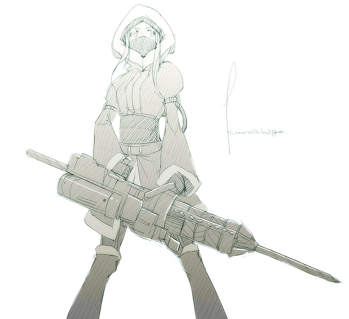 1girl artist_name balaclava capcom female_focus green_theme hood kyo_(kuroichigo) long_hair lost_planet lost_planet_colonies monochrome pile_bunker simple_background solo vs_pile_bunker weapon