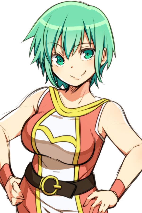 1girl aqua_hair belt blue_eyes breasts closed_mouth laco_soregashi linda_(linda_cube) linda_cube looking_at_viewer short_hair simple_background smile solo white_background wristband