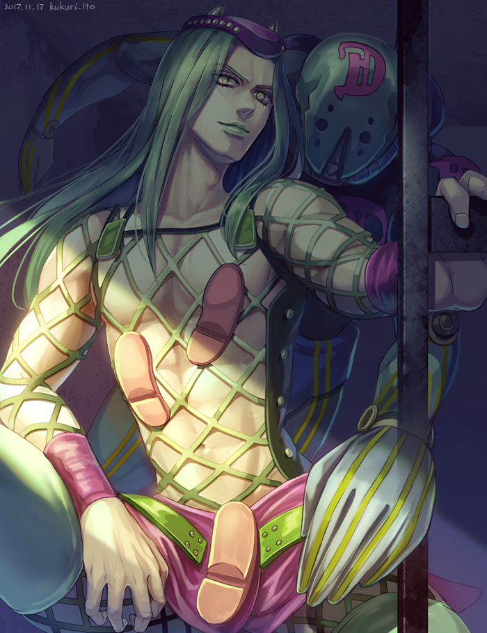 2boys bad_id bad_pixiv_id diver_down_(stand) dyresbroom fishnet_top fishnets footprints green_hair green_lips hat jojo_no_kimyou_na_bouken long_hair multiple_boys narciso_anasui stand_(jojo) yellow_eyes