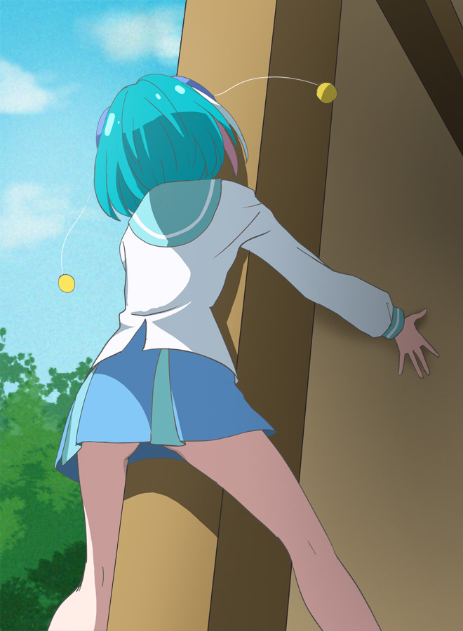 1girl aqua_hair blue_skirt from_behind hagoromo_lala haruyama_kazunori long_sleeves looking_up mihoshi_middle_school_uniform precure school_uniform shirt skirt solo standing star_twinkle_precure white_shirt