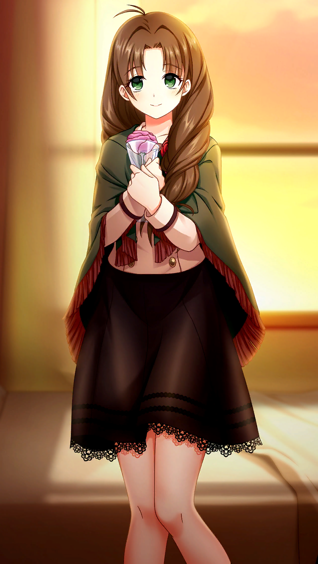 1girl antenna_hair black_skirt blurry blurry_background braid brown_hair closed_mouth collarbone doukyuusei_(series) doukyuusei_2 doukyuusei_another_world dusk game_cg green_eyes hair_intakes hair_over_shoulder holding indoors long_hair long_sleeves looking_at_viewer miniskirt official_art shirt single_braid skirt sky smile solo standing sugimoto_sakurako very_long_hair white_shirt yellow_sky
