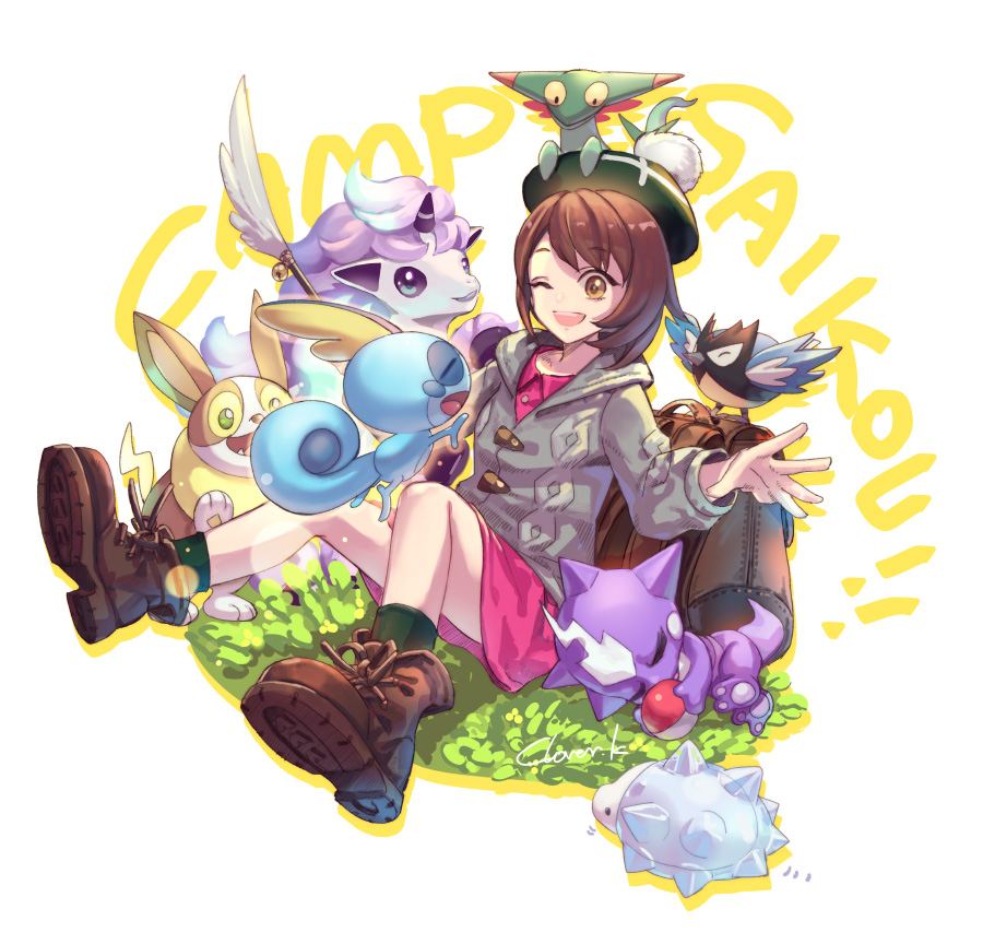 1girl boots brown_footwear commentary_request dreepy full_body galarian_form galarian_ponyta gen_8_pokemon gloria_(pokemon) grass green_headwear grey_sweater hat kuroba.k miniskirt nintendo one_eye_closed open_mouth pink_skirt poke_ball poke_ball_(basic) pokemon pokemon_(creature) pokemon_swsh rookidee signature sitting skirt smile snom sobble sweater tam_o&#039;_shanter toxel unicorn yamper