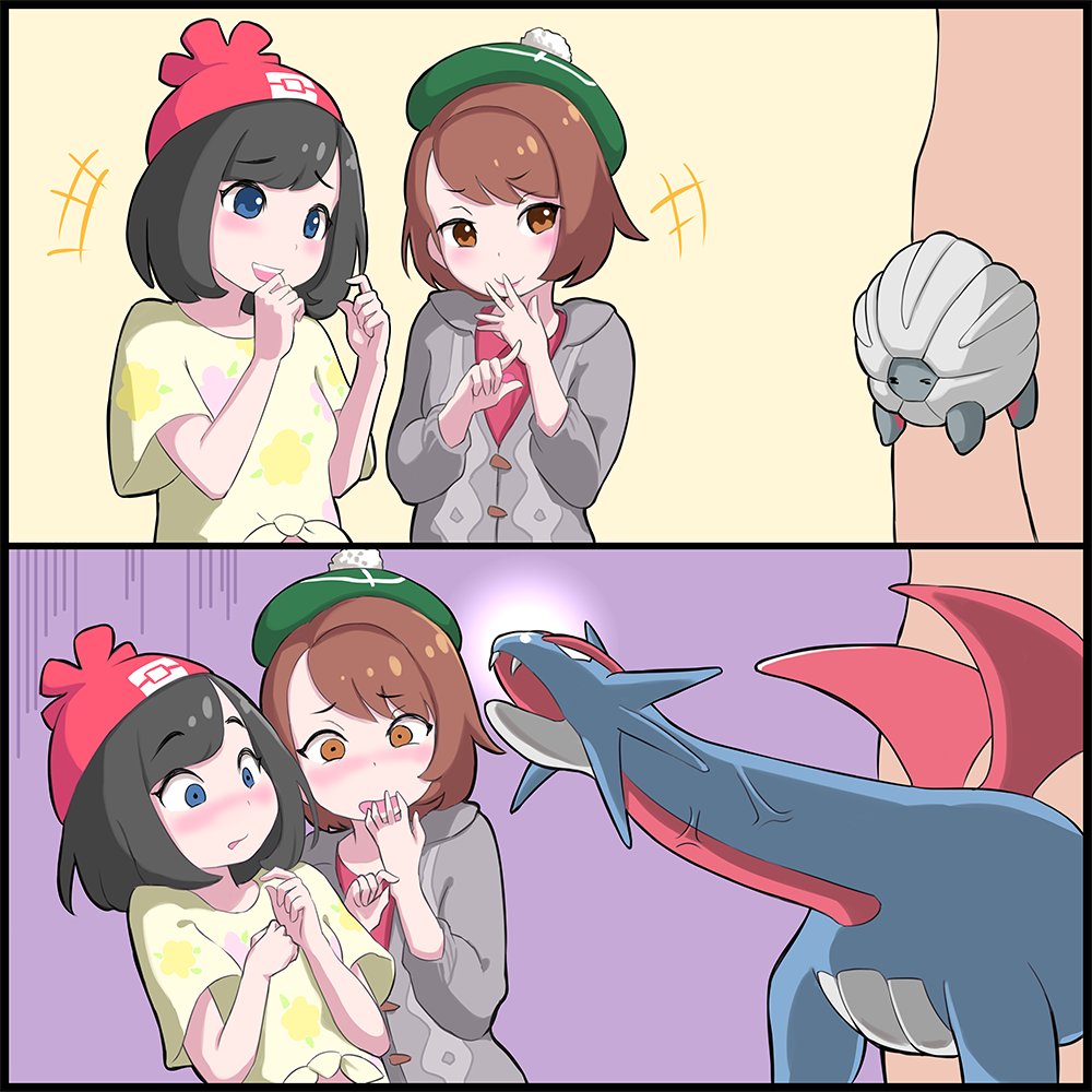 1boy 2girls 2koma :d beanie black_hair blue_eyes blush brown_eyes brown_hair cardigan comic commentary_request dragon front-tie_top gen_3_pokemon gloria_(pokemon) green_hat hat himeshaga medium_hair multiple_girls nintendo open_mouth pokemon pokemon_(creature) pokemon_sm pokemon_swsh purple_background red_hat salamence scared selene_(pokemon) sexually_suggestive shelgon short_hair smile tam_o&#039;_shanter teeth upper_teeth_only veins wings yellow_background