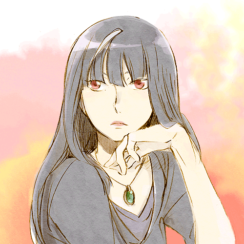 10s 1girl bad_id bad_pixiv_id black_hair blunt_bangs chiyuki_(death_parade) death_parade female_focus frown gradient_background head_rest jewelry kurokami_no_onna lipstick long_hair looking_to_the_side lowres makeup multicolored_hair necklace pendant red_eyes short_sleeves sketch solo tame two-tone_hair upper_body white_hair