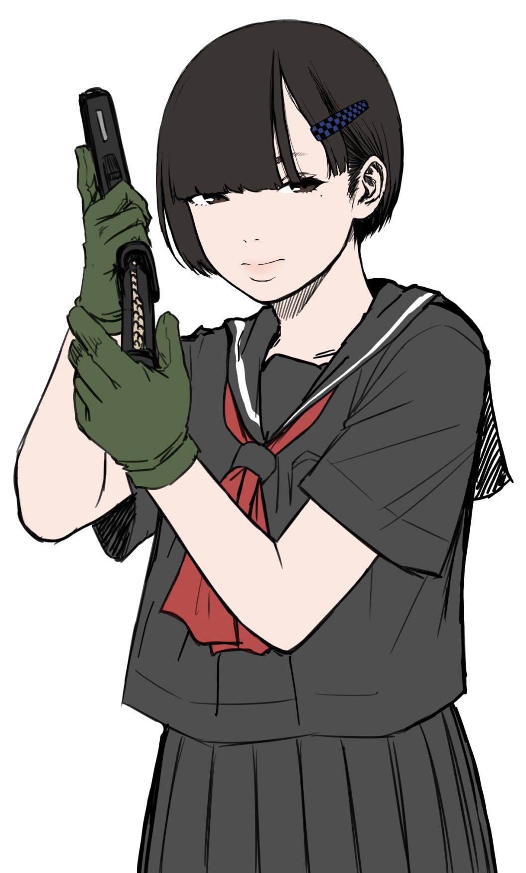 1girl ammunition asymmetrical_bangs black_eyes black_hair black_sailor_collar black_serafuku black_shirt black_skirt commentary_request gloves green_gloves gun hair_behind_ear hair_ornament hairclip handgun hands_up highres holding holding_gun holding_magazine_(weapon) holding_weapon kuzukago_(bitchmaker) looking_to_the_side magazine_(weapon) mole mole_under_eye neckerchief nene_(kuzukago) original red_neckerchief reloading sailor_collar sailor_shirt school_uniform serafuku shirt short_hair short_sleeves simple_background skirt solo trigger_discipline upper_body weapon white_background