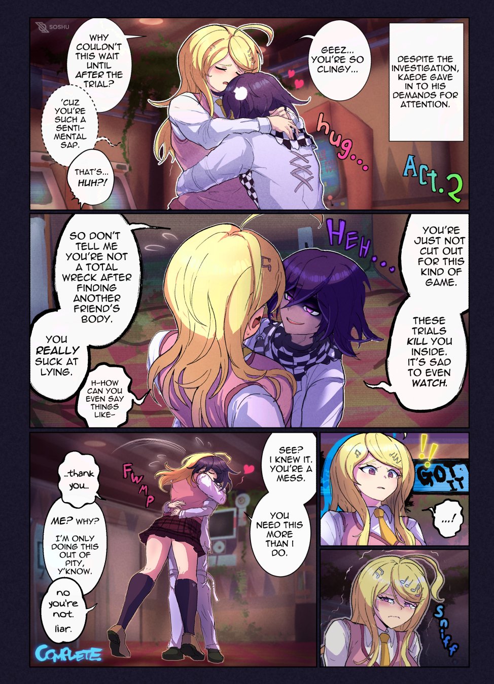 1boy 1girl ahoge akamatsu_kaede black_socks blonde_hair brown_shoes brown_skirt checkered_neckerchief danganronpa_(series) danganronpa_v3:_killing_harmony english_text fortissimo hair_between_eyes hair_ornament heart highres hug indoors jacket kneehighs miniskirt multicolored_hair musical_note musical_note_hair_ornament neckerchief oma_kokichi pants pink_hair pink_sweater_vest purple_hair shoes skirt smile socks soshu_(soshuscribbles) speech_bubble sweater_vest trembling two-tone_hair white_jacket white_pants