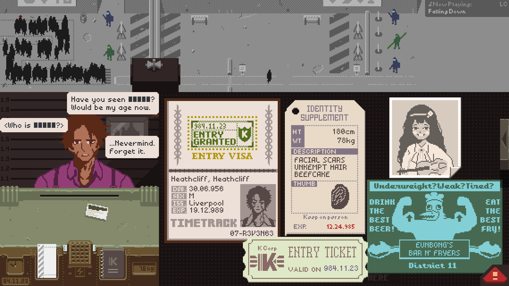 1boy 1girl catherine_(project_moon) character_name english_text fake_screenshot fingerprint gameplay_mechanics heathcliff_(project_moon) highres limbus_company long_hair looking_at_viewer papa_bongy_(project_moon) papers_please passport photo_(object) project_moon redm0e road short_hair smile ticket