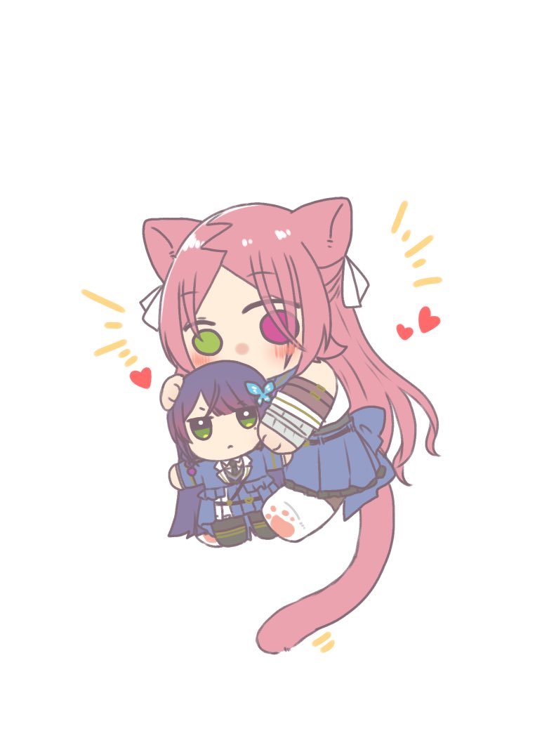 1girl animal_ears arm_belt assault_lily back_bow belt black_belt blue_bow blue_sailor_collar blue_skirt blush boots bow brown_pantyhose cat_day cat_ears cat_girl cat_tail character_doll chibi commentary covered_mouth crop_top detached_sleeves full_body funada_kiito green_eyes hair_ribbon hands_up heart heterochromia holding holding_stuffed_toy kemonomimi_mode long_hair long_sleeves looking_at_object miniskirt nigari_(ngari_0115) no_pupils odaiba_girls_high_school_uniform pantyhose parted_bangs paw_shoes pleated_skirt red_eyes red_hair ribbon sailor_collar school_uniform serafuku shiba_tomoshibi shirt shoe_soles sitting skirt sleeveless sleeveless_shirt sleeves_past_wrists solo stuffed_toy tail white_boots white_ribbon white_shirt