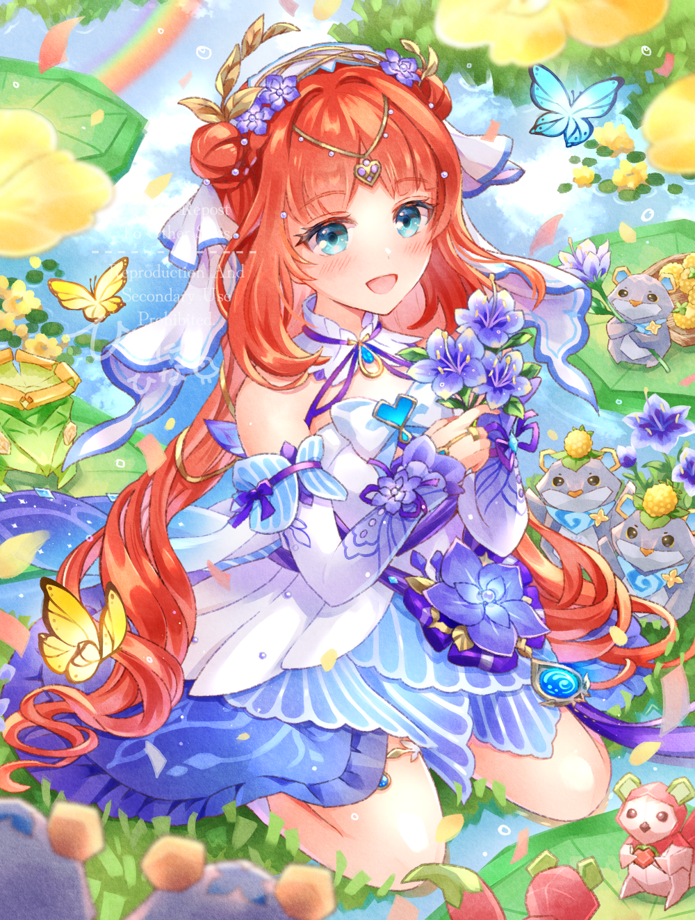 1girl :d aqua_eyes bare_shoulders berry blue_butterfly blue_dress blue_gemstone blue_sleeves blush bug butterfly circlet commentary_request day detached_sleeves double_bun dress flower gem genshin_impact gradient_sleeves hair_bun hair_flower hair_ornament hands_up highres hina_cassiopeia holding holding_flower hydro_symbol_(genshin_impact) insect long_hair looking_at_viewer nilou_(breeze_of_sabaa)_(genshin_impact) nilou_(genshin_impact) object_on_head official_alternate_costume open_mouth outdoors padisarah_flower parted_bangs purple_flower red_hair seiza sitting sleeveless sleeveless_dress smile solo very_long_hair vision_(genshin_impact) yellow_butterfly