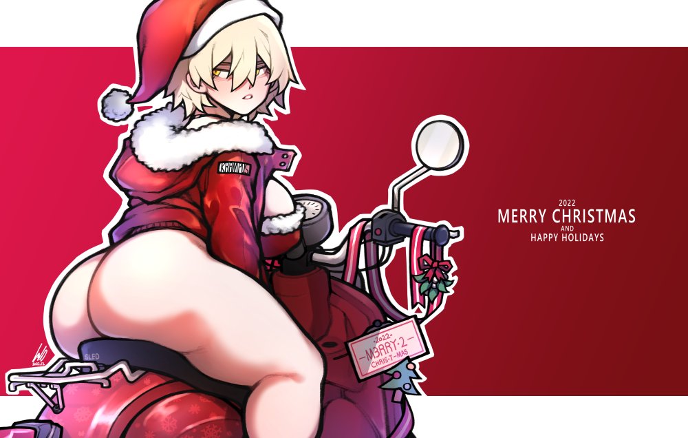 1girl ass ass_focus bags_under_eyes blonde_hair bottomless breasts chris_(ginseng) expressionless from_behind fur_trim ginseng_(xin) hair_between_eyes hat hood hoodie jacket large_breasts looking_at_viewer motor_vehicle motorcycle original santa_hat short_hair solo thick_thighs thighs yellow_eyes