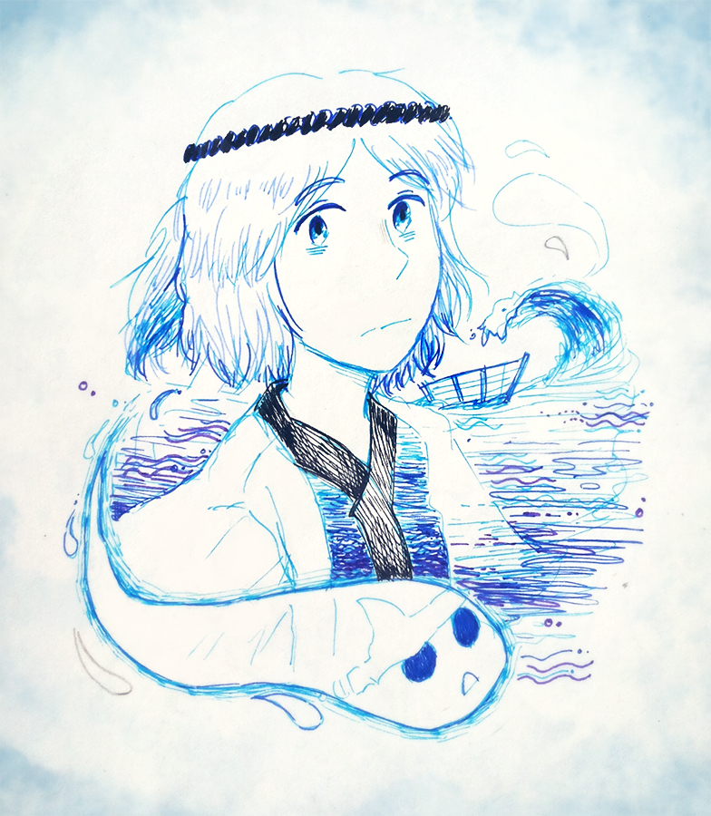 1other androgynous aquarius_(symbol) black_headband blue_eyes blue_hair blue_kimono boat closed_mouth commentary frown fujiwara_no_iyozane ghost ghost_(len&#039;en) headband jacket japanese_clothes kimono len&#039;en looking_at_viewer mixed-language_commentary one_side_up open_clothes open_jacket other_focus short_hair solo traditional_media triangular_headpiece upper_body watercraft waves white_jacket yamanoskk