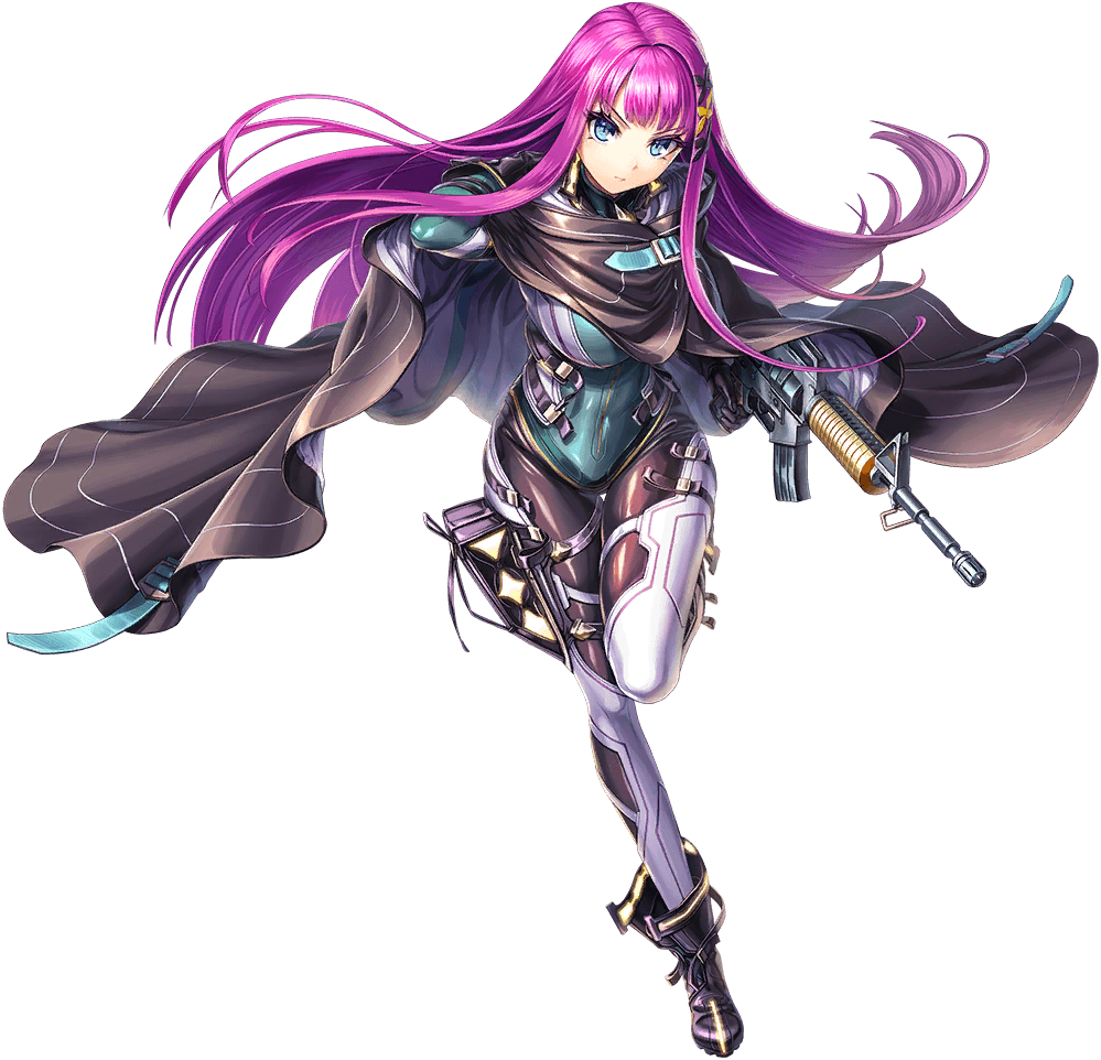 1girl artist_request assault_rifle black_gloves blue_eyes breasts cape earrings full_body game_cg gloves gun hair_ornament holding holding_gun holding_weapon jewelry long_hair official_art pink_hair rifle shredica_(unitia) solo source_request standing standing_on_one_leg transparent_background unitia weapon x_hair_ornament