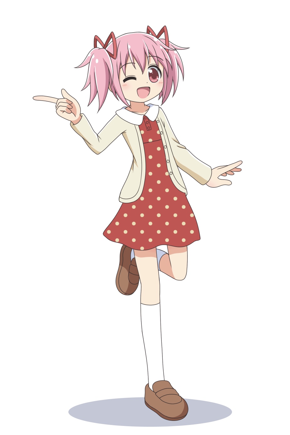 1girl alternate_costume blush brown_shoes buttons casual coat collarbone collared_dress commentary commission dot_nose dress drop_shadow full_body hair_between_eyes hair_ribbon hand_up highres index_finger_raised kaname_madoka kato-shun kneehighs leg_up loafers long_sleeves looking_at_viewer mahou_shoujo_madoka_magica one_eye_closed open_mouth pink_eyes pink_hair pink_ribbon pixiv_commission polka_dot polka_dot_dress red_dress ribbon shoes short_hair short_twintails simple_background smile socks solo standing standing_on_one_leg twintails white_background white_socks yellow_coat