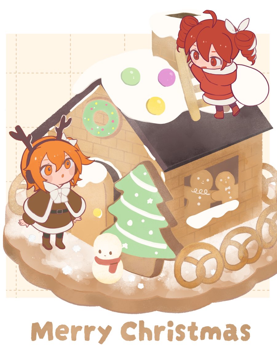 2girls a.i._voice adachi_rei ahoge alternate_costume antlers belt boots brown_capelet brown_coat brown_footwear capelet chibi chibi_only christmas_tree coat commentary drill_hair fake_antlers food fur-trimmed_capelet fur-trimmed_jacket fur-trimmed_skirt fur_trim gingerbread_house gingerbread_man hood hood_down hooded_jacket horns jacket kasane_teto long_sleeves merry_christmas multiple_girls orange_eyes orange_hair parted_lips pretzel red_eyes red_footwear red_hair red_jacket red_skirt reindeer_antlers s1ho_(ukiy0u0) skirt snowman standing symbol-only_commentary twin_drills utau