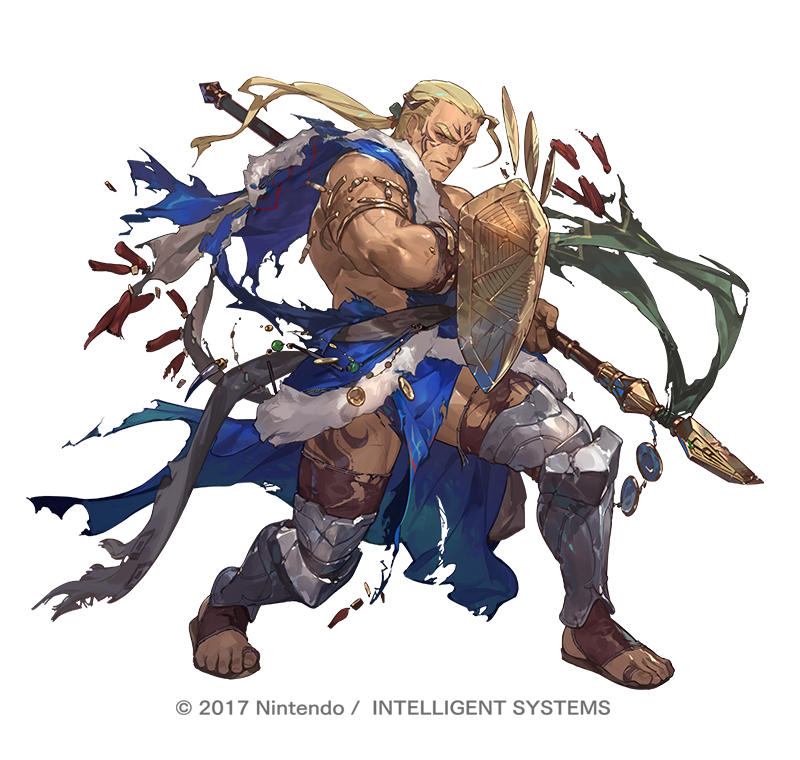 1boy armlet bare_pectorals blonde_hair dark-skinned_male dark_skin facial_tattoo fire_emblem fire_emblem:_the_binding_blade fire_emblem_heroes full_body fur_trim gold_necklace hawkeye_(fire_emblem) holding holding_polearm holding_shield holding_weapon jewelry lance large_pectorals leg_armor leg_tattoo long_hair male_focus muscular muscular_male necklace nintendo official_art pectorals polearm ponytail sandals shield so-taro solo tattoo thick_thighs thighs toes torn_clothes weapon white_background
