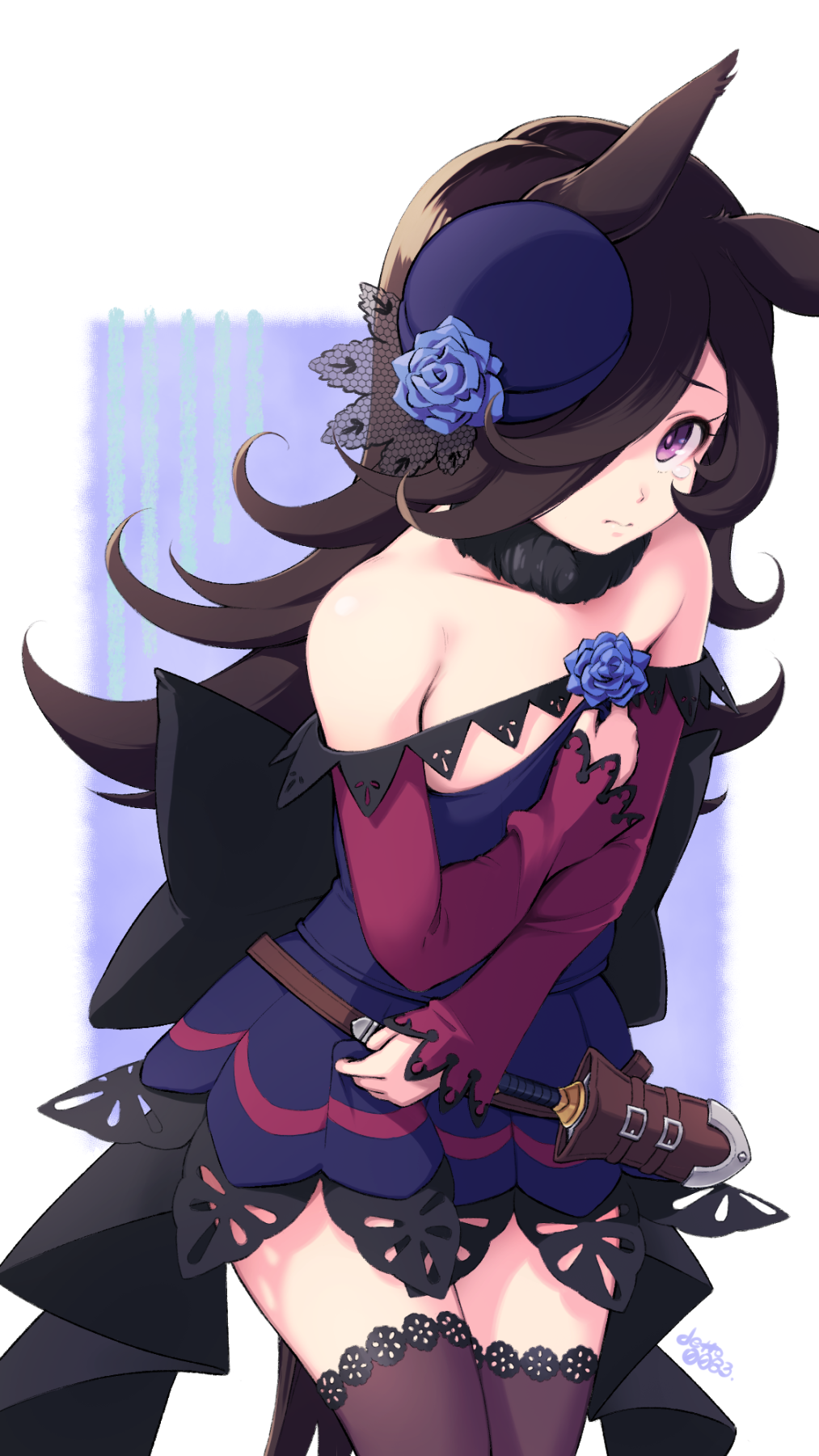 1girl adapted_costume animal_ears artist_name back_bow belt black_bow black_hair black_thighhighs blue_dress blue_flower blue_hat blue_rose bow brown_belt closed_mouth commentary_request covering_privates dagger dated deto dress flower frown fur_collar hair_over_one_eye hat hat_flower highres horse_ears horse_girl horse_tail huge_bow knife lace lace-trimmed_thighhighs lace_trim leaning_forward long_hair long_sleeves looking_at_viewer off-shoulder_dress off_shoulder partial_commentary pleated_dress purple_eyes rice_shower_(umamusume) rose sheath sheathed short_dress signature skirt_hold solo standing tail tearing_up thighhighs tilted_headwear umamusume wardrobe_malfunction weapon