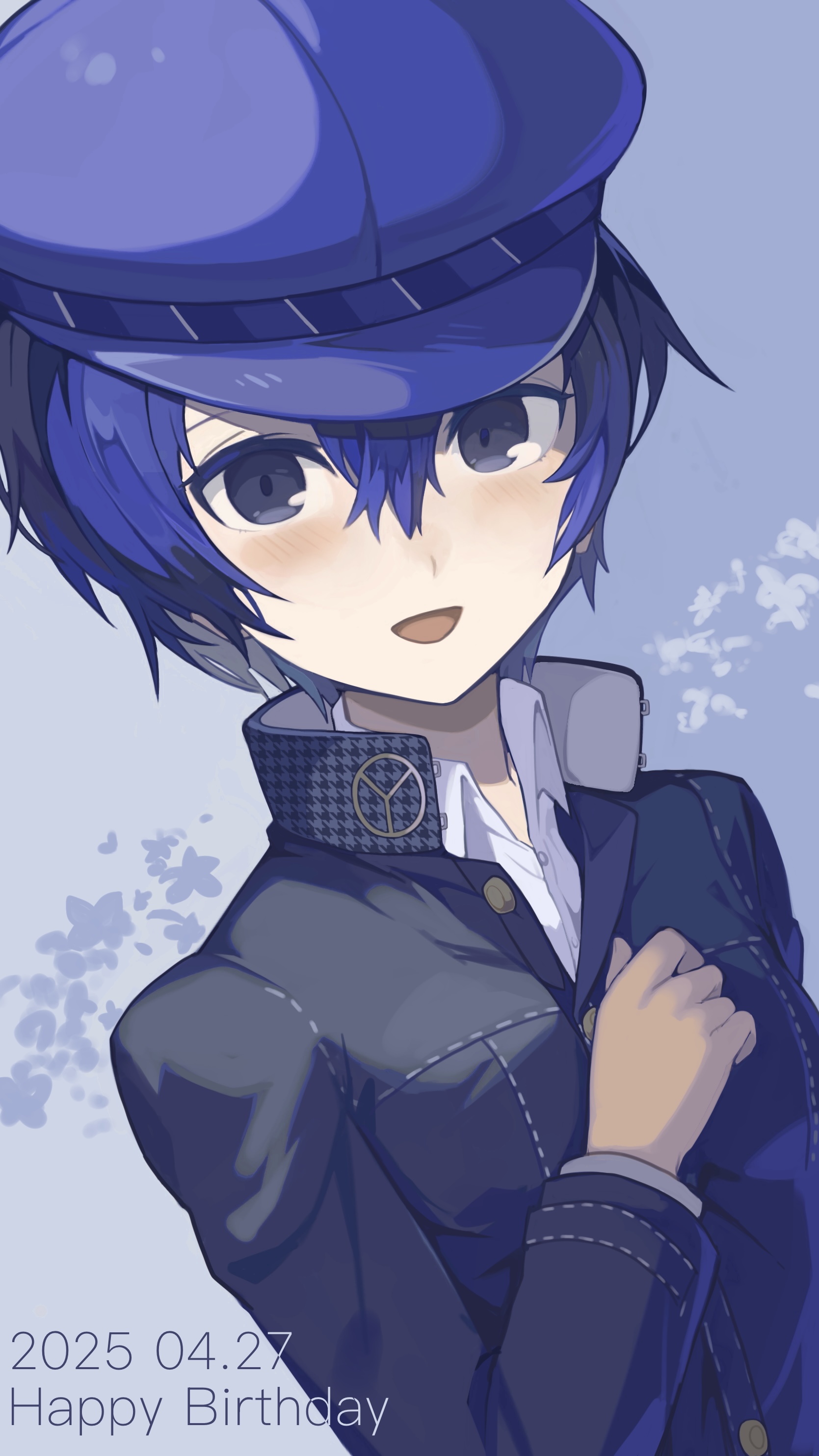 1girl absurdres black_jacket blue_background blue_hat blush buttons collared_shirt commentary_request dated english_text gakuran hair_between_eyes happy_birthday hat highres jacket kulea1020 long_sleeves looking_at_viewer newsboy_cap open_mouth persona persona_4 school_uniform shirogane_naoto shirt smile solo white_shirt yasogami_school_uniform