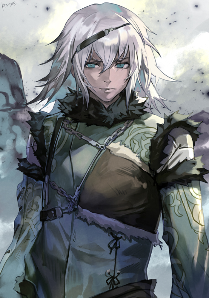 1boy belt bishounen black_belt black_fur blue_eyes closed_mouth cowboy_shot embroidery fur-trimmed_collar fur_trim grey_hair hair_between_eyes hungry_clicker long_sleeves looking_to_the_side male_focus nier nier_(brother) nier_(series) sideways_glance solo standing white_fur