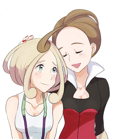 2girls alexa_(pokemon) blonde_hair breasts brown_hair cleavage closed_eyes collarbone earrings game_freak green_eyes hand_on_another&#039;s_head iricorn jewelry looking_at_another multiple_girls nintendo pokemon pokemon_xy red_nails shirt siblings simple_background sisters sleeveless sleeveless_shirt upper_body viola_(pokemon) white_background white_shirt