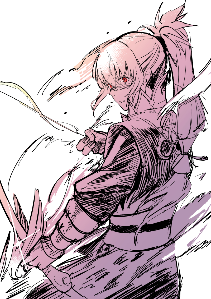 1boy bow_(weapon) dark_persona fire_emblem fire_emblem_fates holding holding_bow_(weapon) holding_weapon japanese_clothes looking_at_viewer male_focus nintendo ponytail red_eyes takumi_(empty_vessel)_(fire_emblem) takumi_(fire_emblem) taromarun upper_body weapon