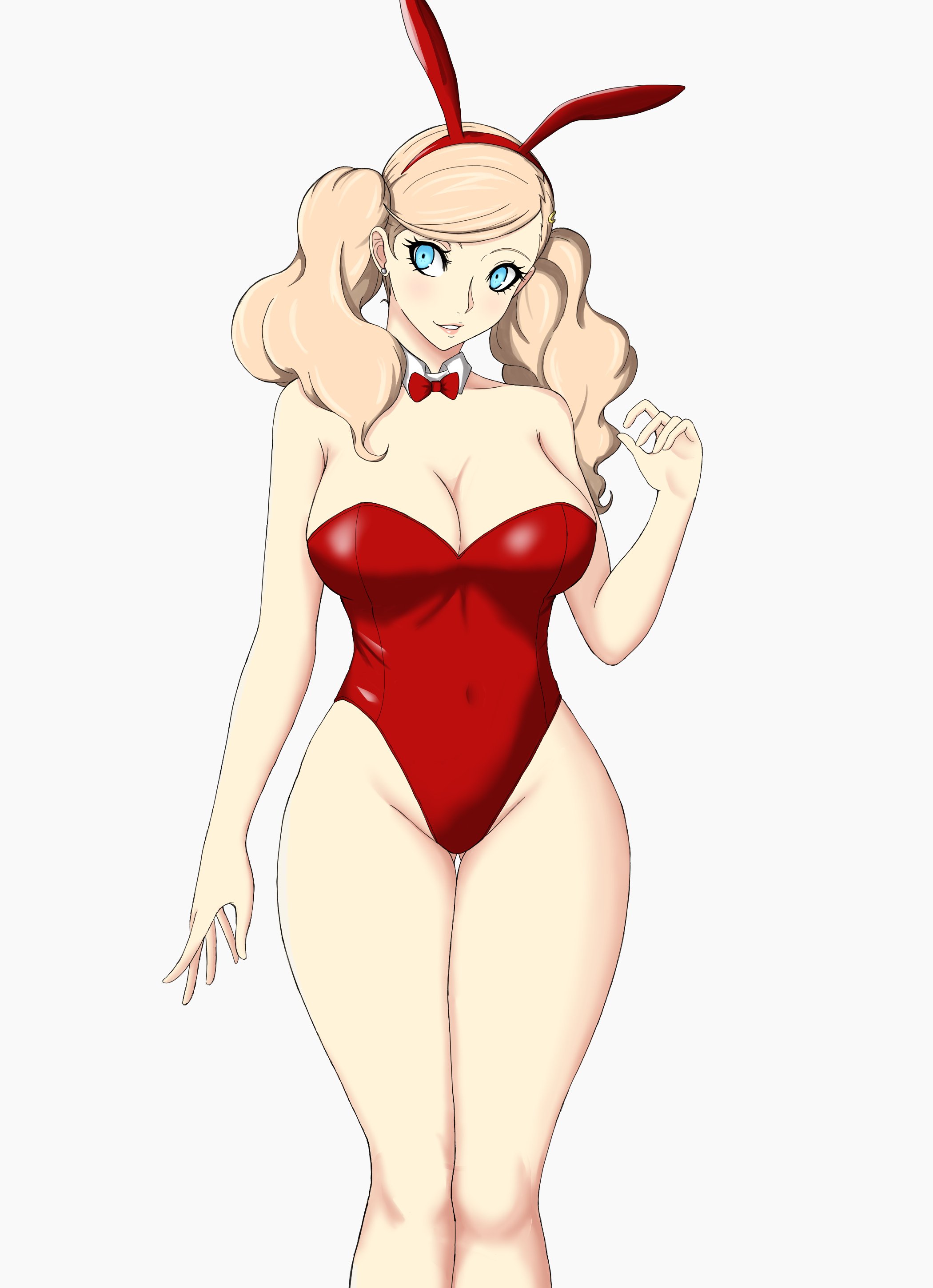 1girl absurdres animal_ear_hairband animal_ears bare_arms bare_legs bare_shoulders blonde_hair blue_eyes bow bowtie breasts cleavage covered_navel cowboy_shot detached_collar earrings fake_animal_ears groin hairband hand_up highres jewelry large_breasts leotard long_hair looking_at_viewer nahone_peko parted_lips persona persona_5 playboy_bunny rabbit_ear_hairband rabbit_ears red_bow red_bowtie red_leotard simple_background solo stud_earrings takamaki_anne thigh_gap twintails wavy_hair white_background