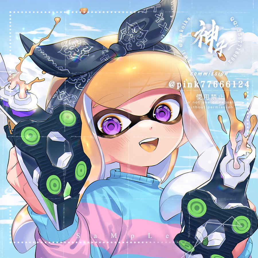 1girl arched_bangs artist_name bandana blonde_hair blue_background blue_bandana blue_sweater colored_tongue commentary commission commissioner_name dual_wielding fang firing holding holding_weapon inkling inkling_girl inkling_player_character jinkoika long_hair long_sleeves nintendo open_mouth pink_sweater portrait purple_eyes sample_watermark smile solo splatoon_(series) striped_clothes striped_sweater sweater symbol-only_commentary tentacle_hair tetra_dualies_(splatoon) two-tone_sweater watermark weapon yellow_tongue
